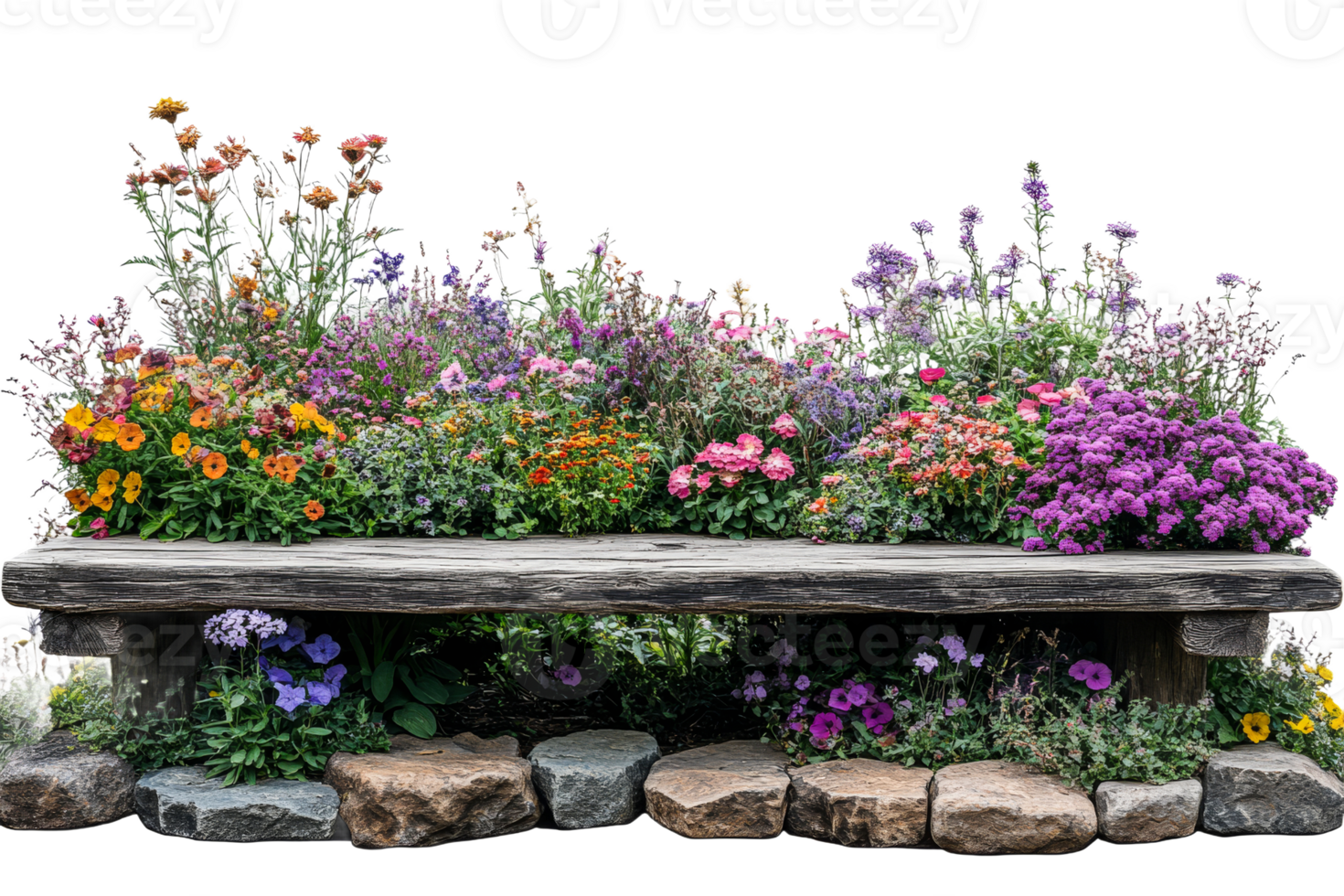 Colorful flower display on a rustic wooden bench png
