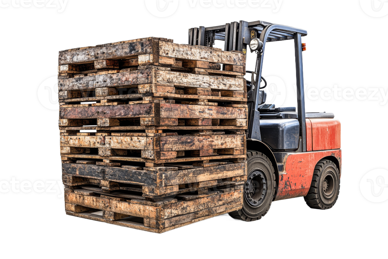 Forklift lifting stacked wooden pallets in warehouse png