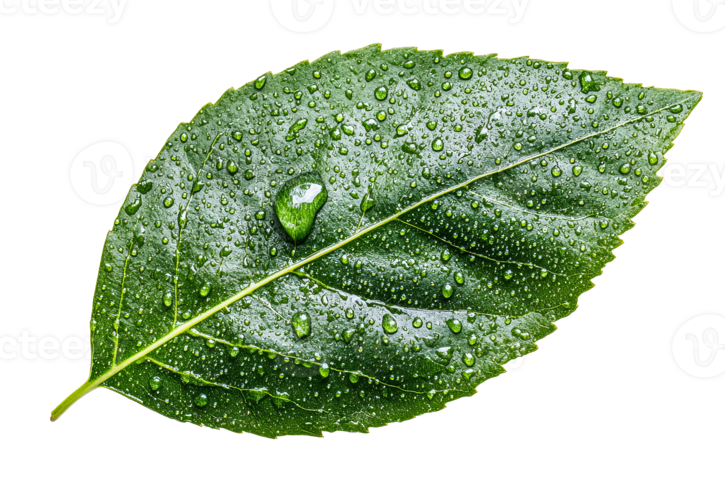 Fresh green leaf covered in droplets of water png