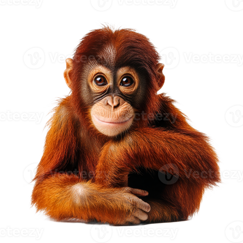 Orphaned baby orangutan resting with curious expression png