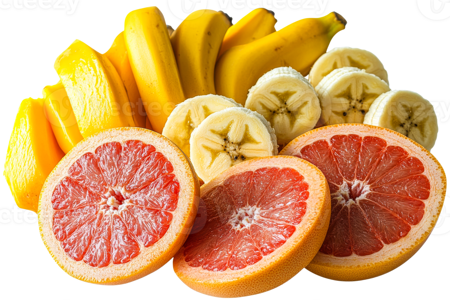 Fresh fruit display featuring bananas and grapefruit slices png