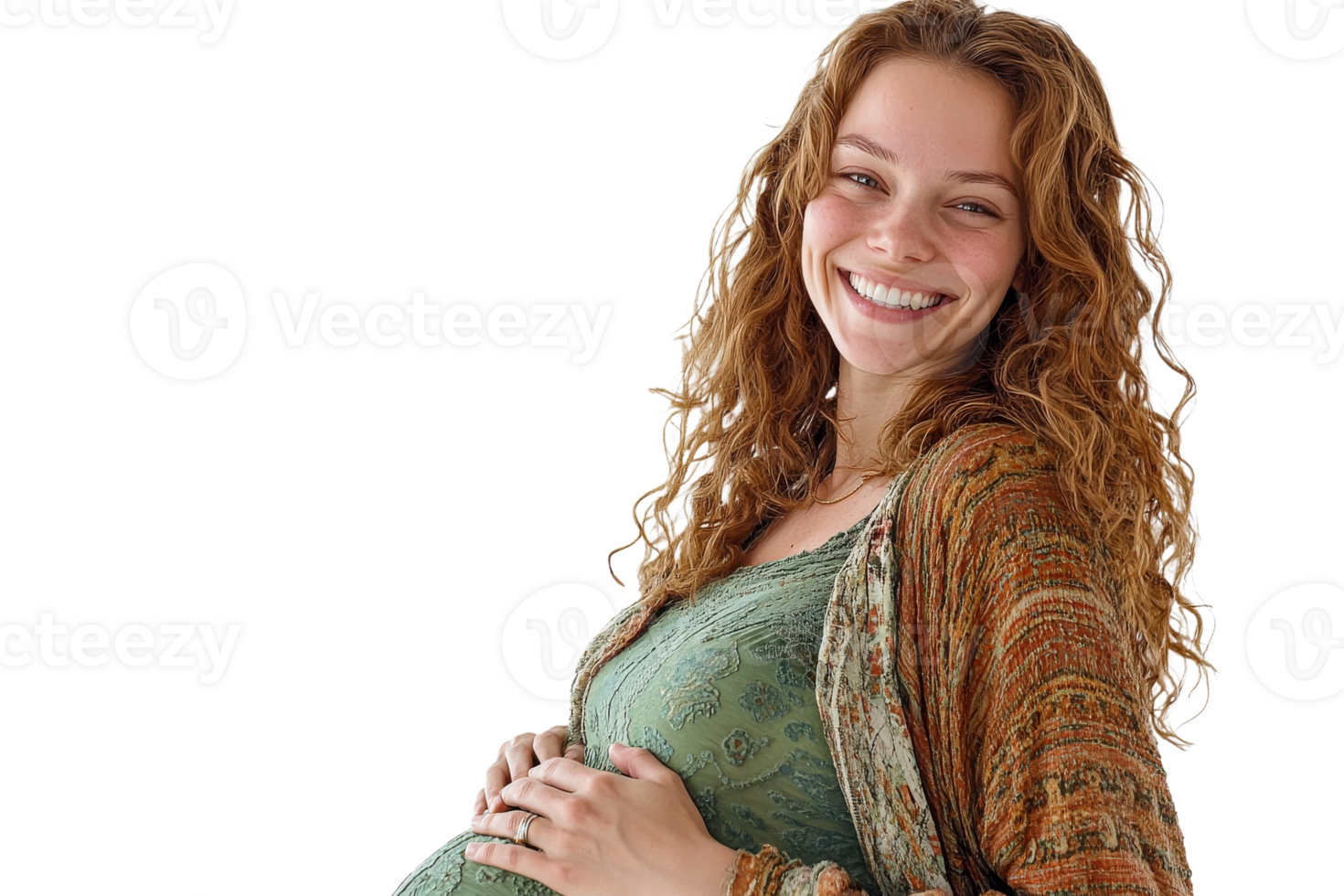 Expecting mother smiles with joy on transparent background png