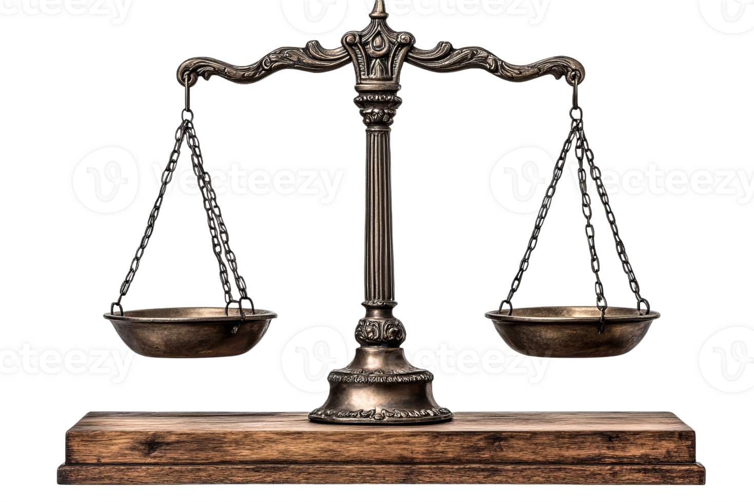 Classic balance scale on wood, clear background png