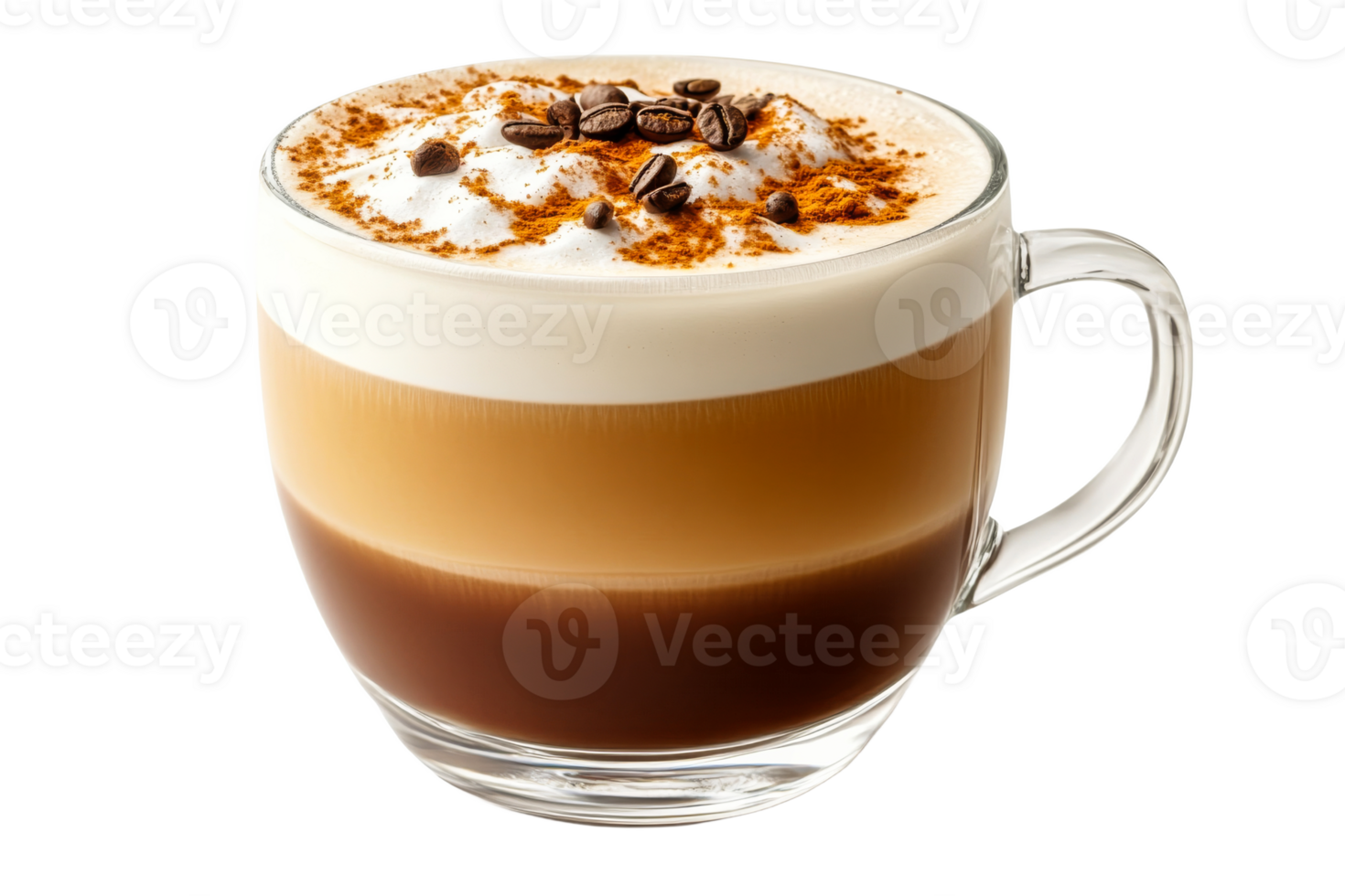 Creamy layered coffee beverage with spices and beans png