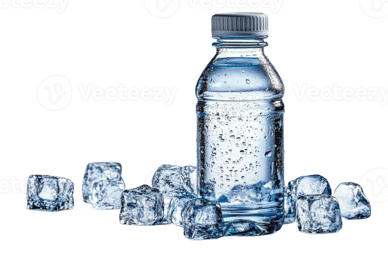 Clear water bottle surrounded by ice cubes on display png