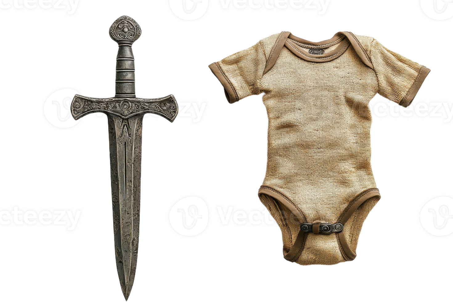 Unique juxtaposition of sword and baby onesie design png