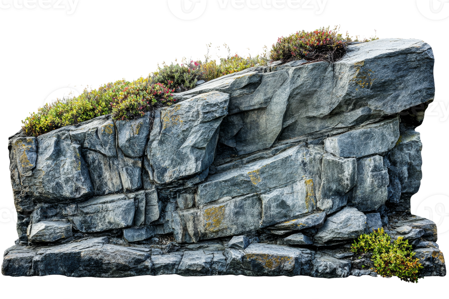Rock formation with vegetation on transparent background png