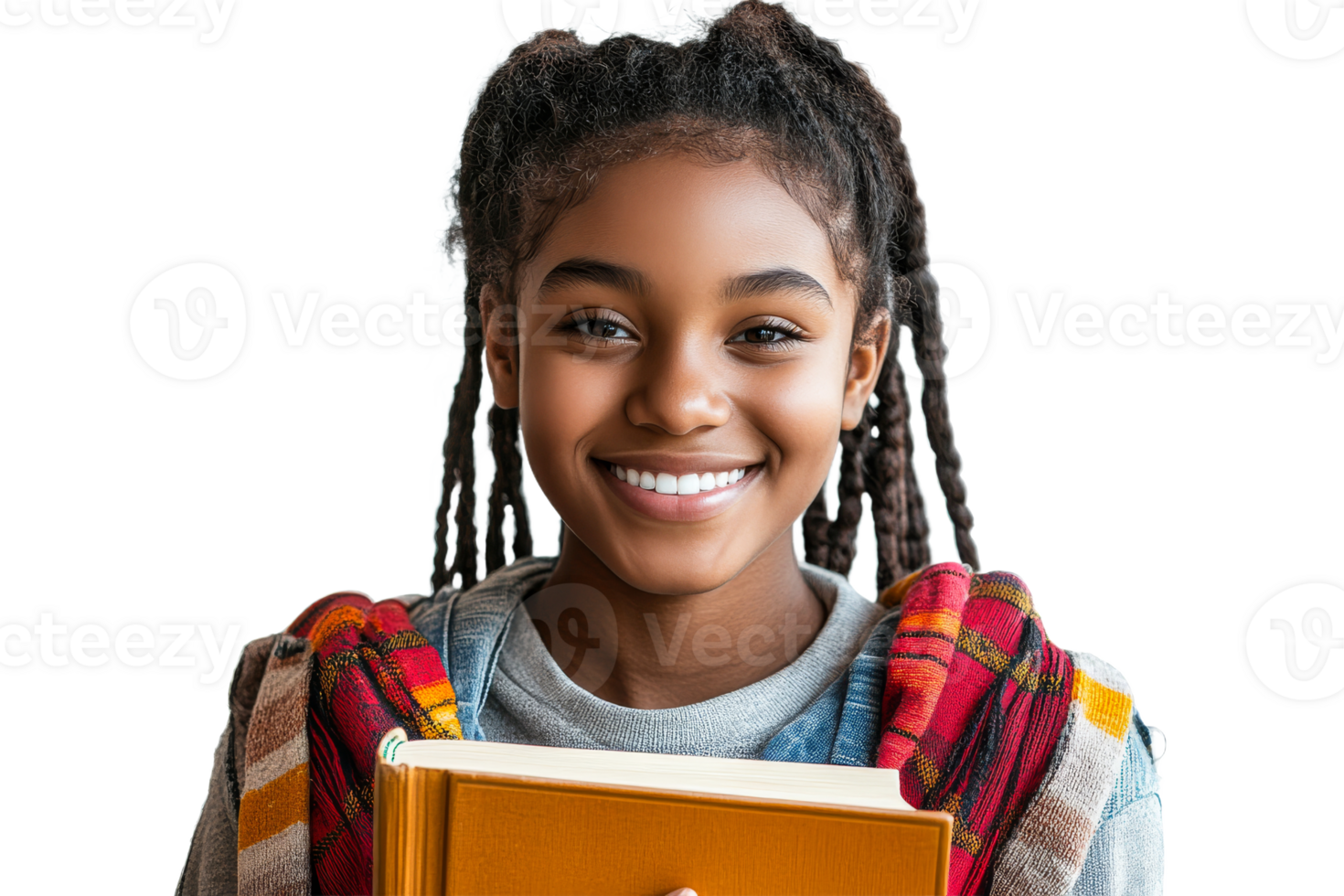 Smiling girl holding a book with a colorful scarf png