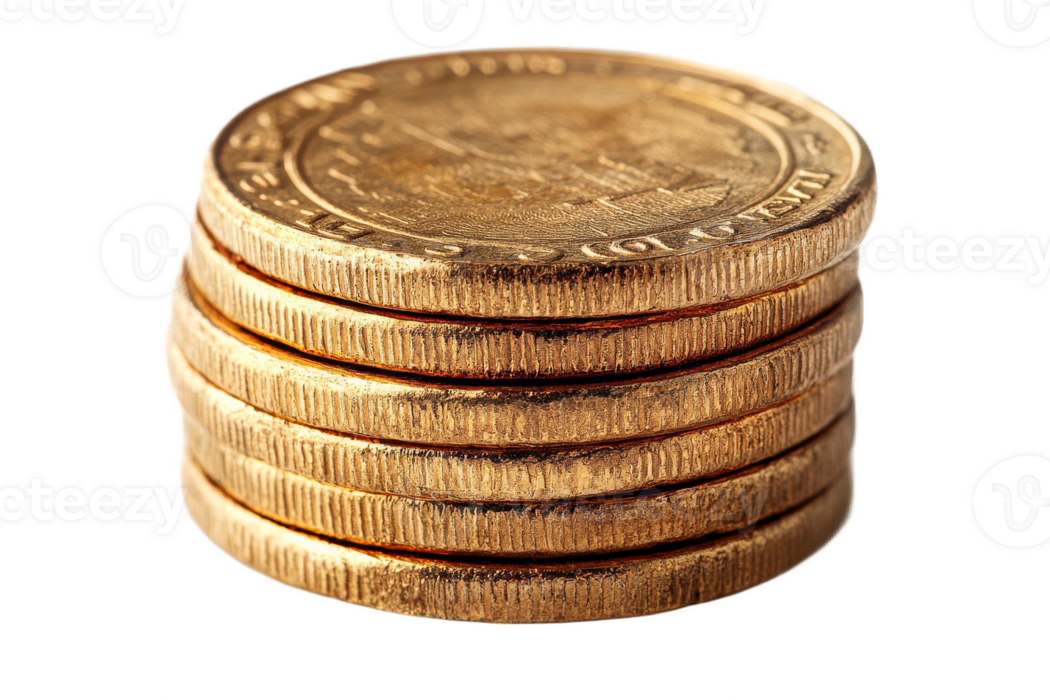 Stacked coins showing golden sheen in clear view png