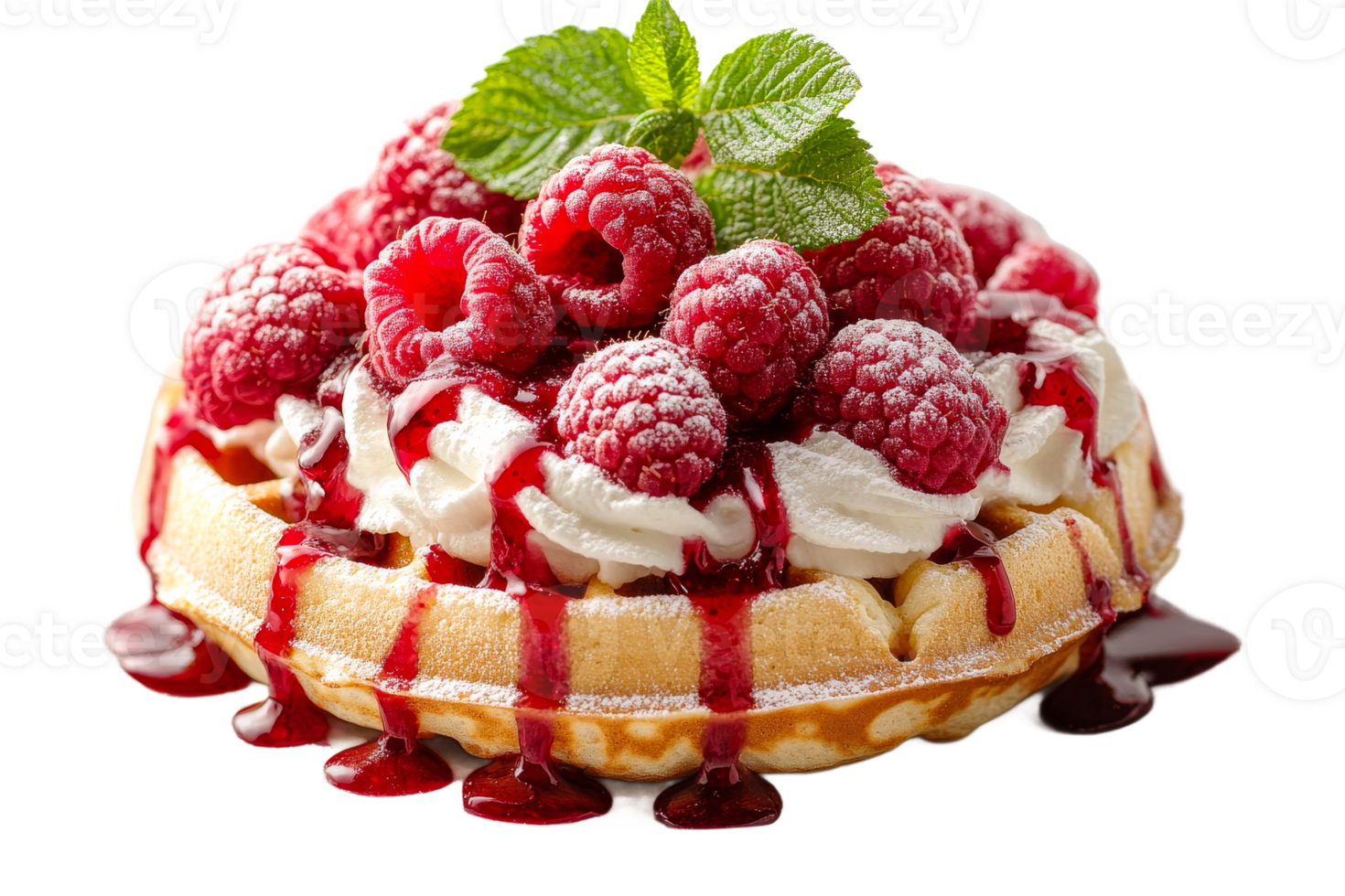 Delicious waffle topped with raspberries and cream png