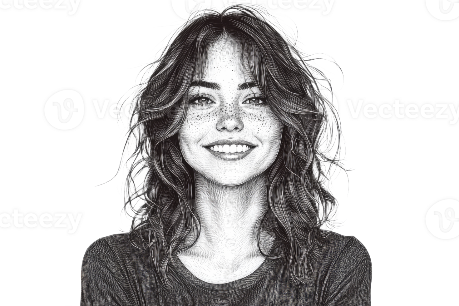 Portrait of a smiling woman with tousled hair and freckles png