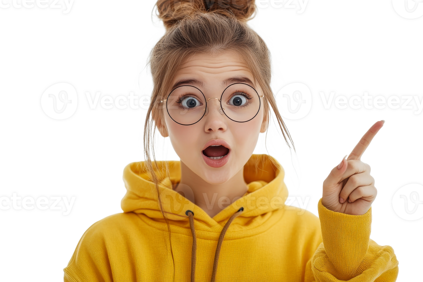 Curious girl with glasses showing surprise and excitement png