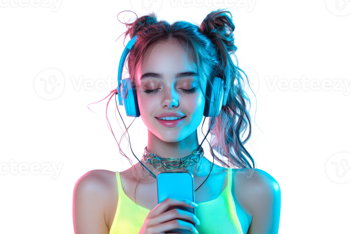 Girl with headphones enjoying music, transparent bg png