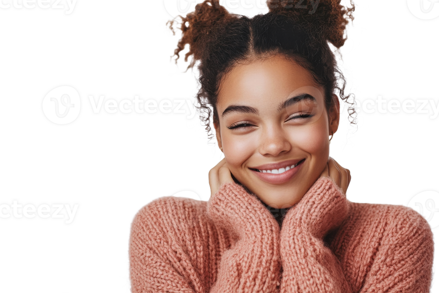 Smiling woman wearing cozy sweater with playful hairstyle png