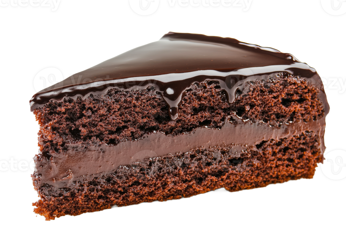 Delicious slice of chocolate cake with glossy frosting png