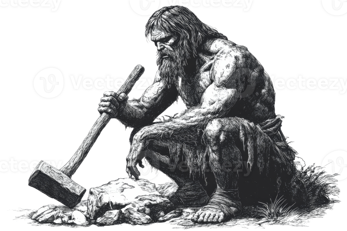 Caveman chiseling stone tools during prehistoric era png