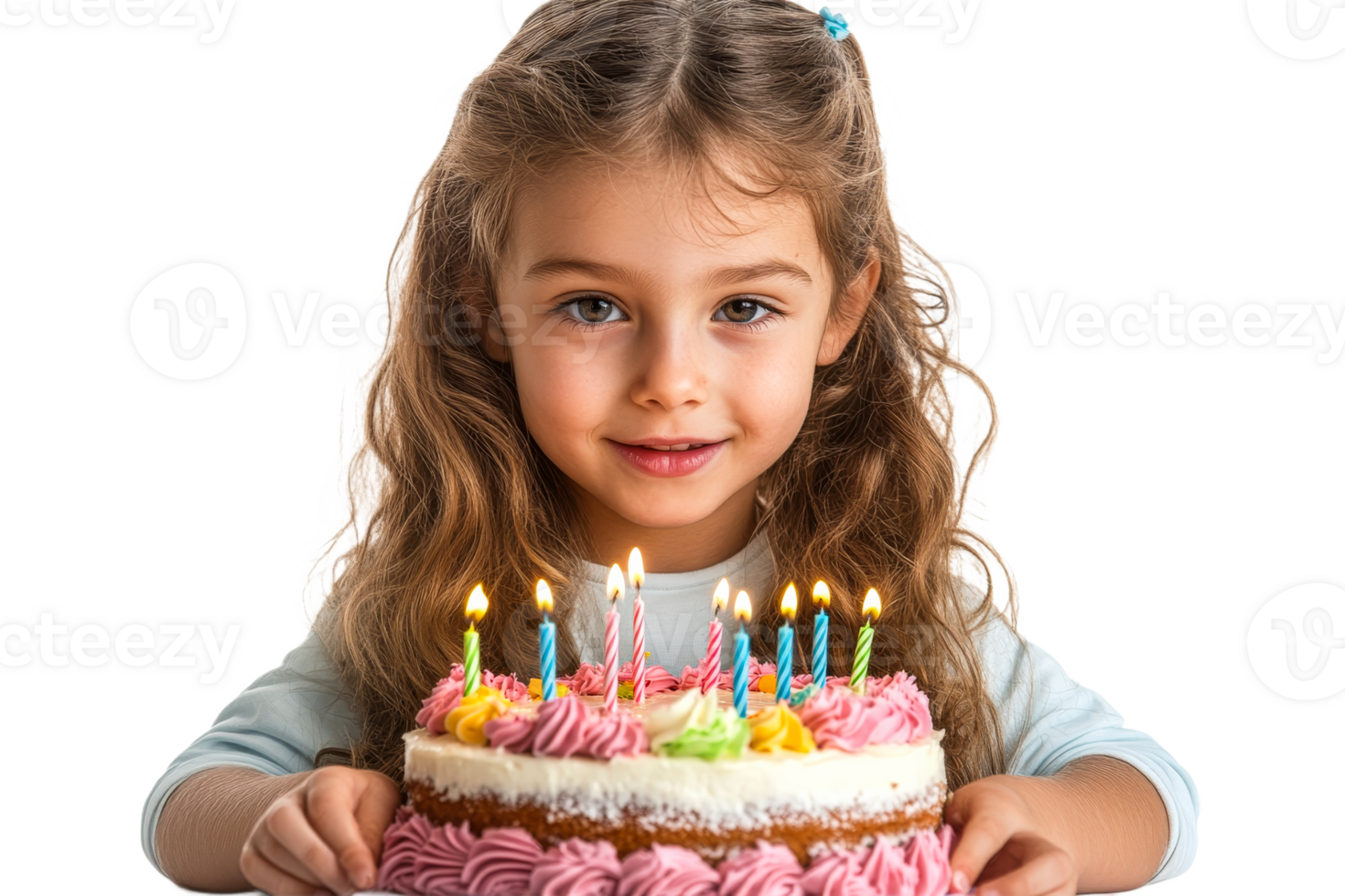 Girl celebrating birthday with cake and candles png