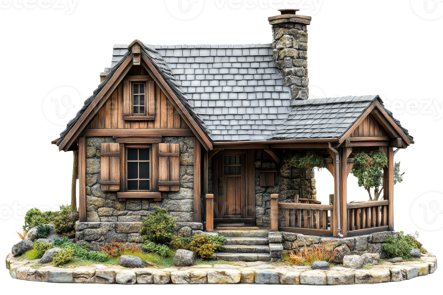 Charming rustic cottage with stone and wood design png