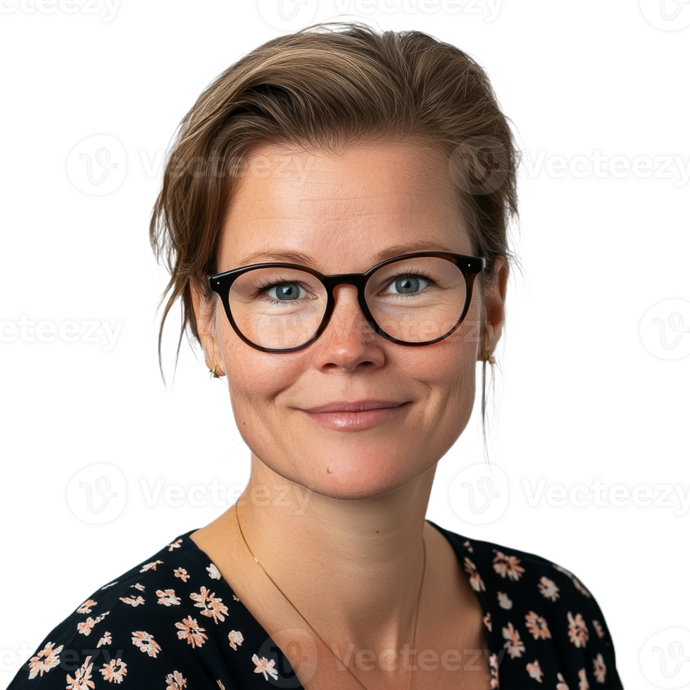Woman with glasses smiling warmly on transparent background png