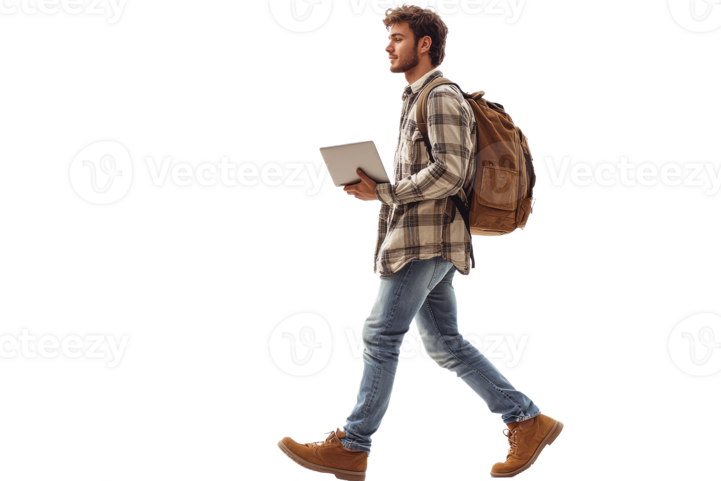 Young man walking with backpack and tablet in hand png