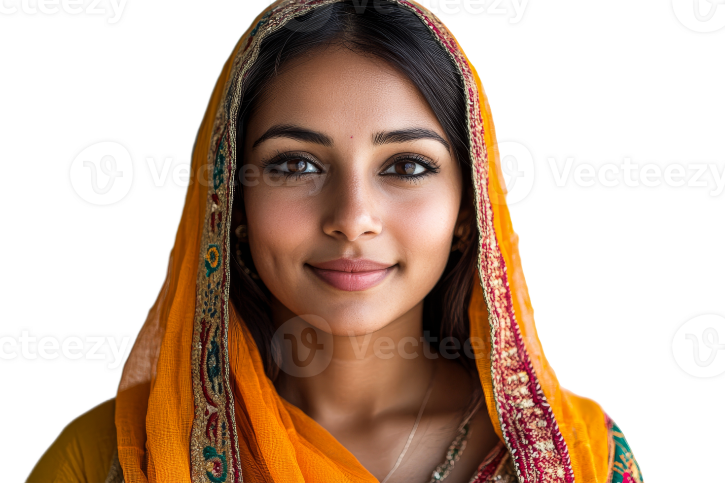 Young woman in vibrant orange shawl with a serene expression png