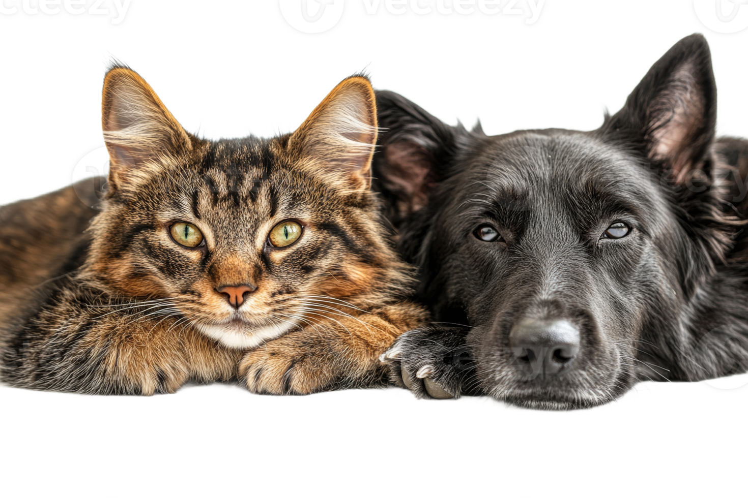 Adorable cat and dog resting together in a cozy setting png
