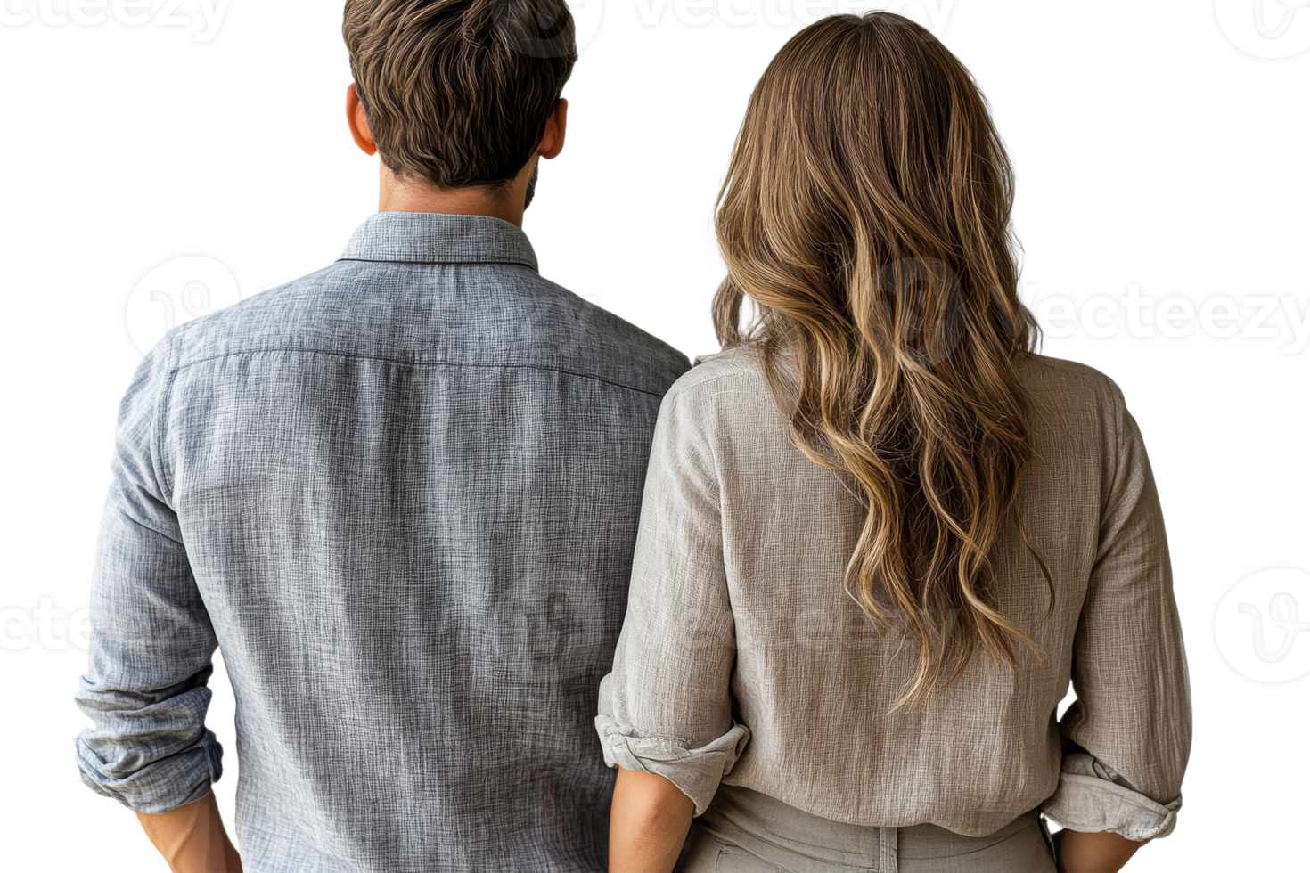Couple standing together with casual outfits and long hair png