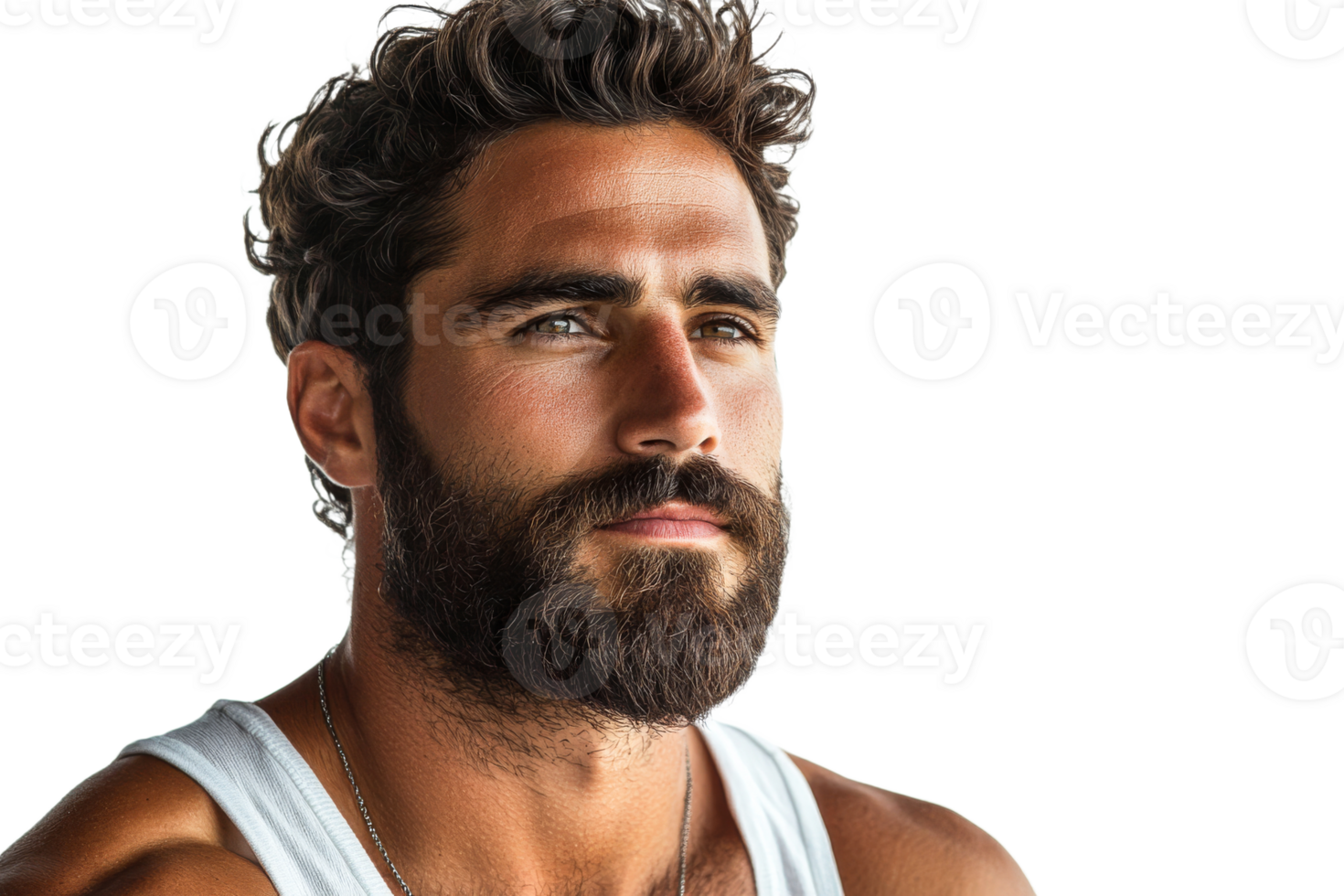 Bearded man with wavy hair on transparent bg png