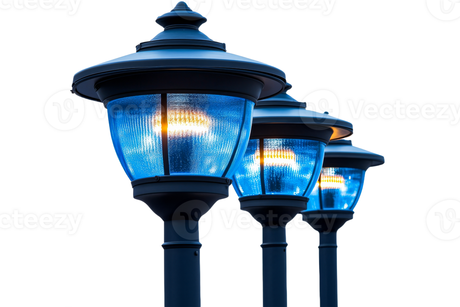 Elegant street lamps with blue lighting at dusk png