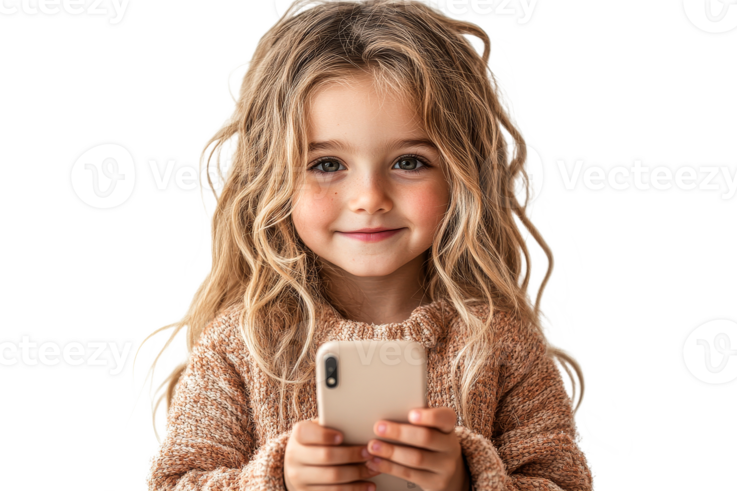 Sweet girl holding smartphone on transparent background png