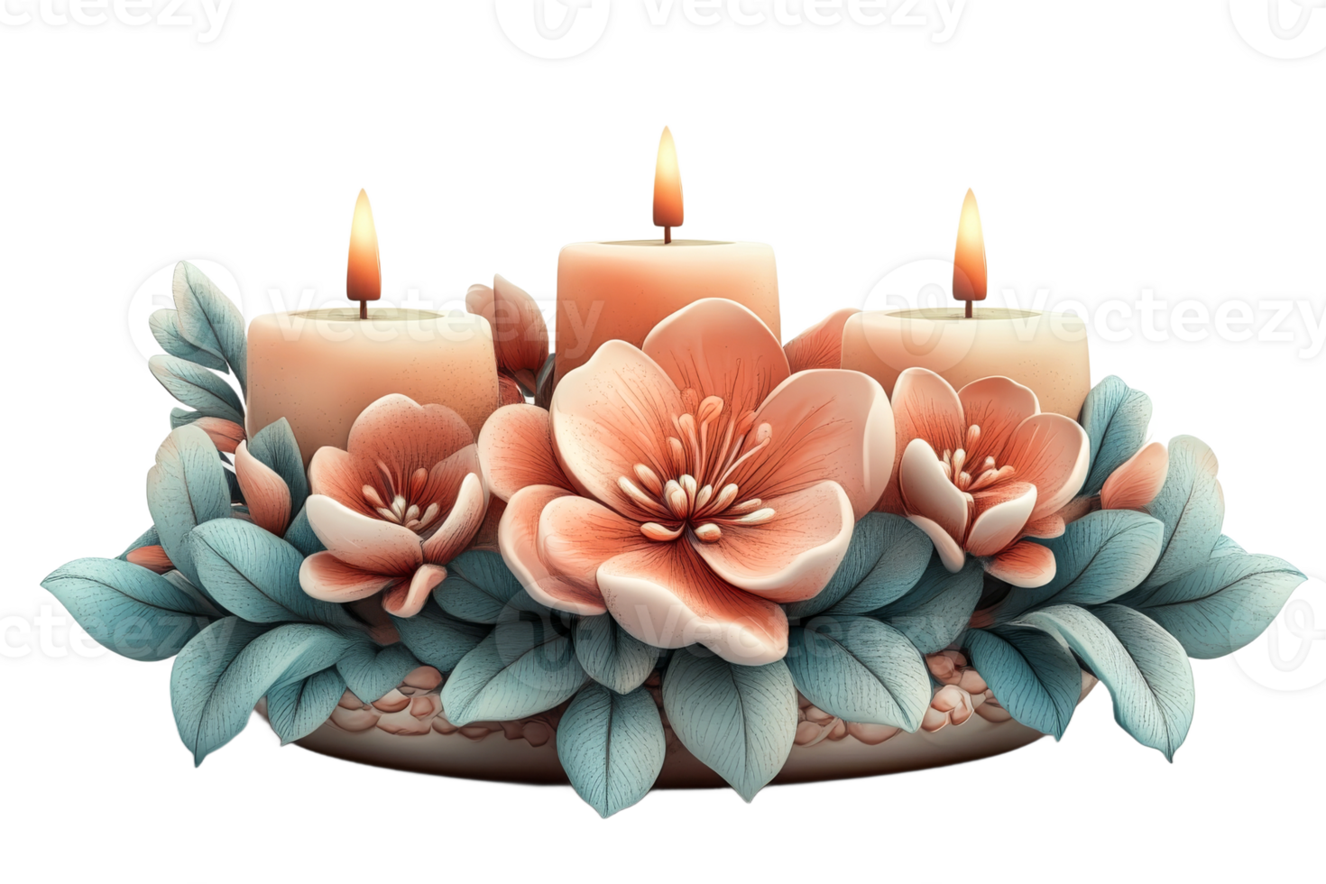 Elegant floral candle arrangement with soft blooms png