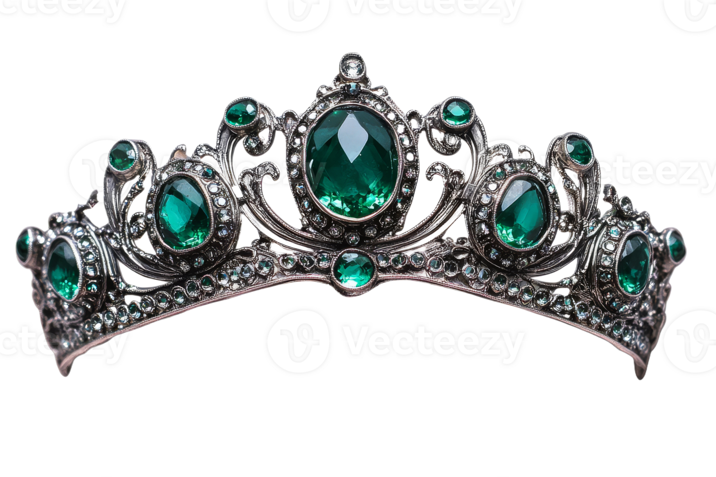 Silver tiara with emeralds and intricate design png