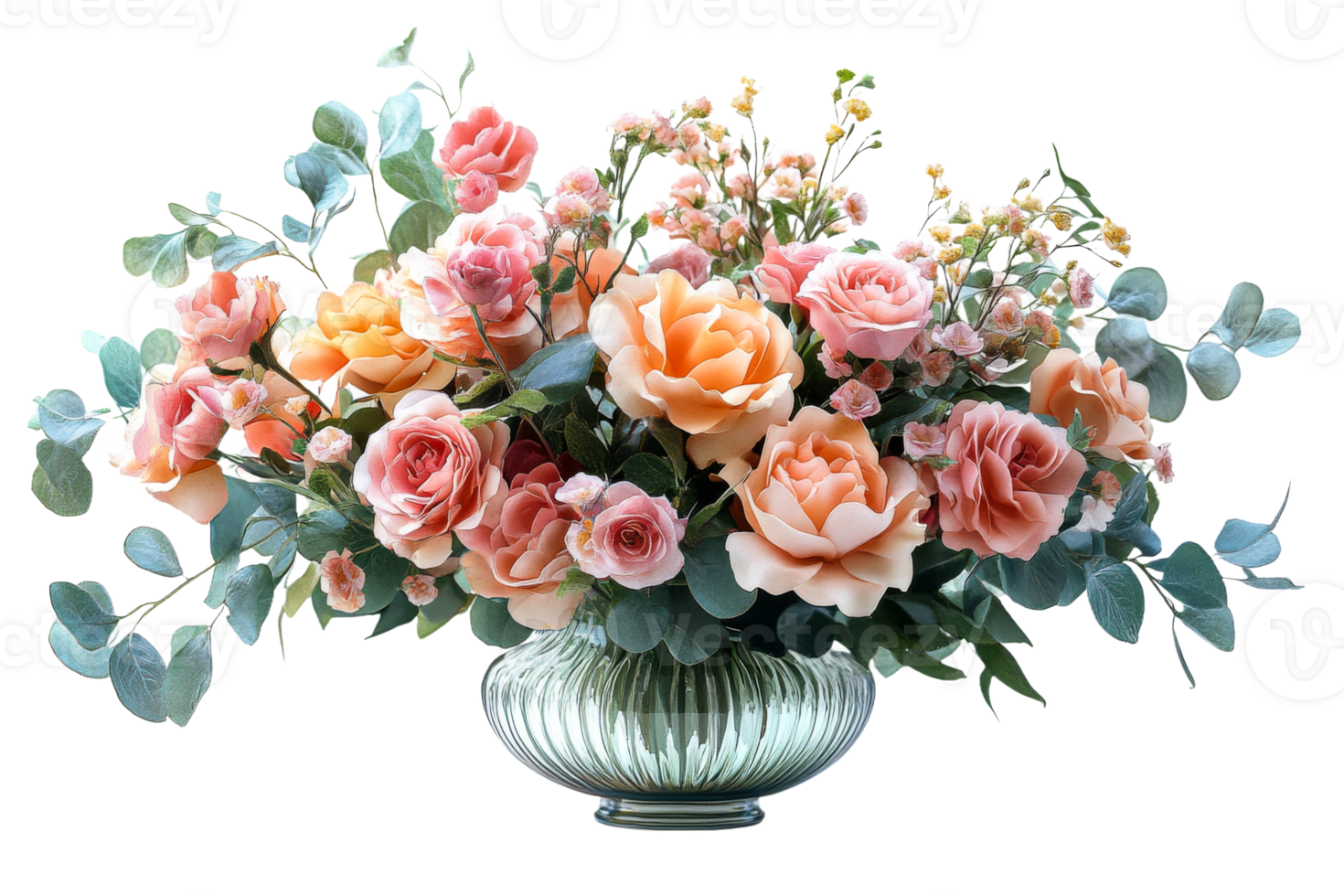 Bouquet of pastel roses arranged in elegant glass vase png