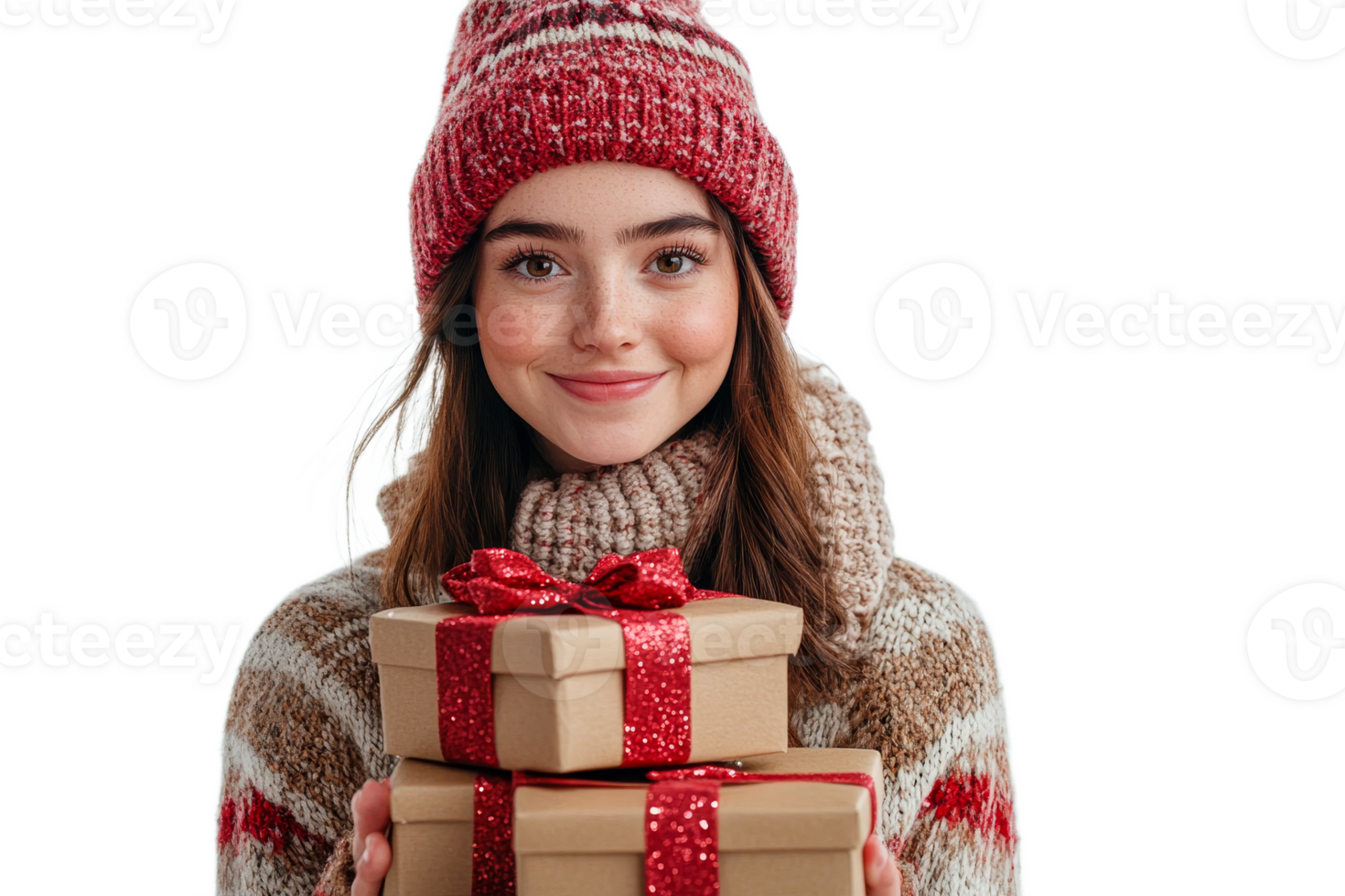 Young woman holding gifts in festive winter attire png