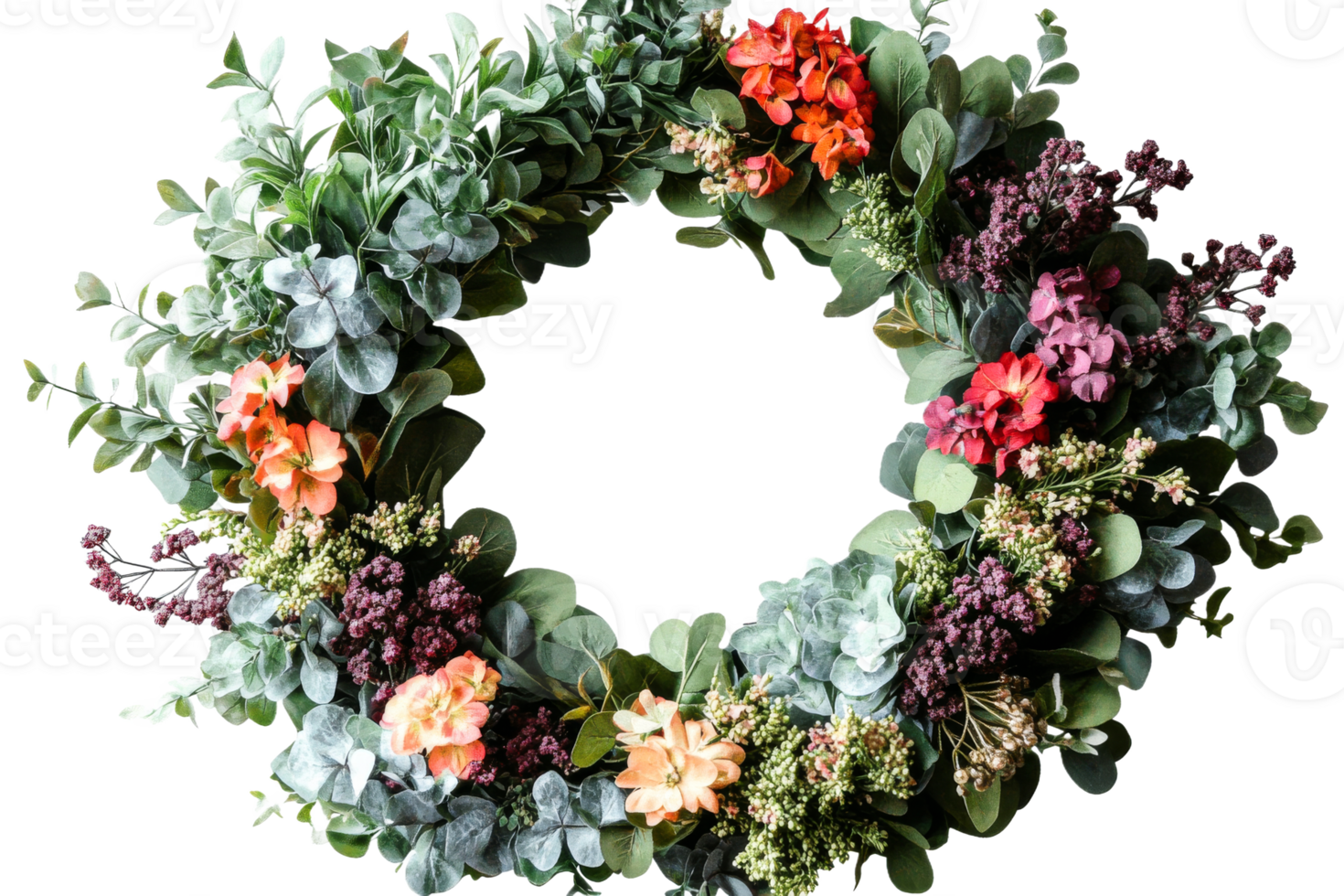 Colorful floral wreath with greenery and vibrant blooms png