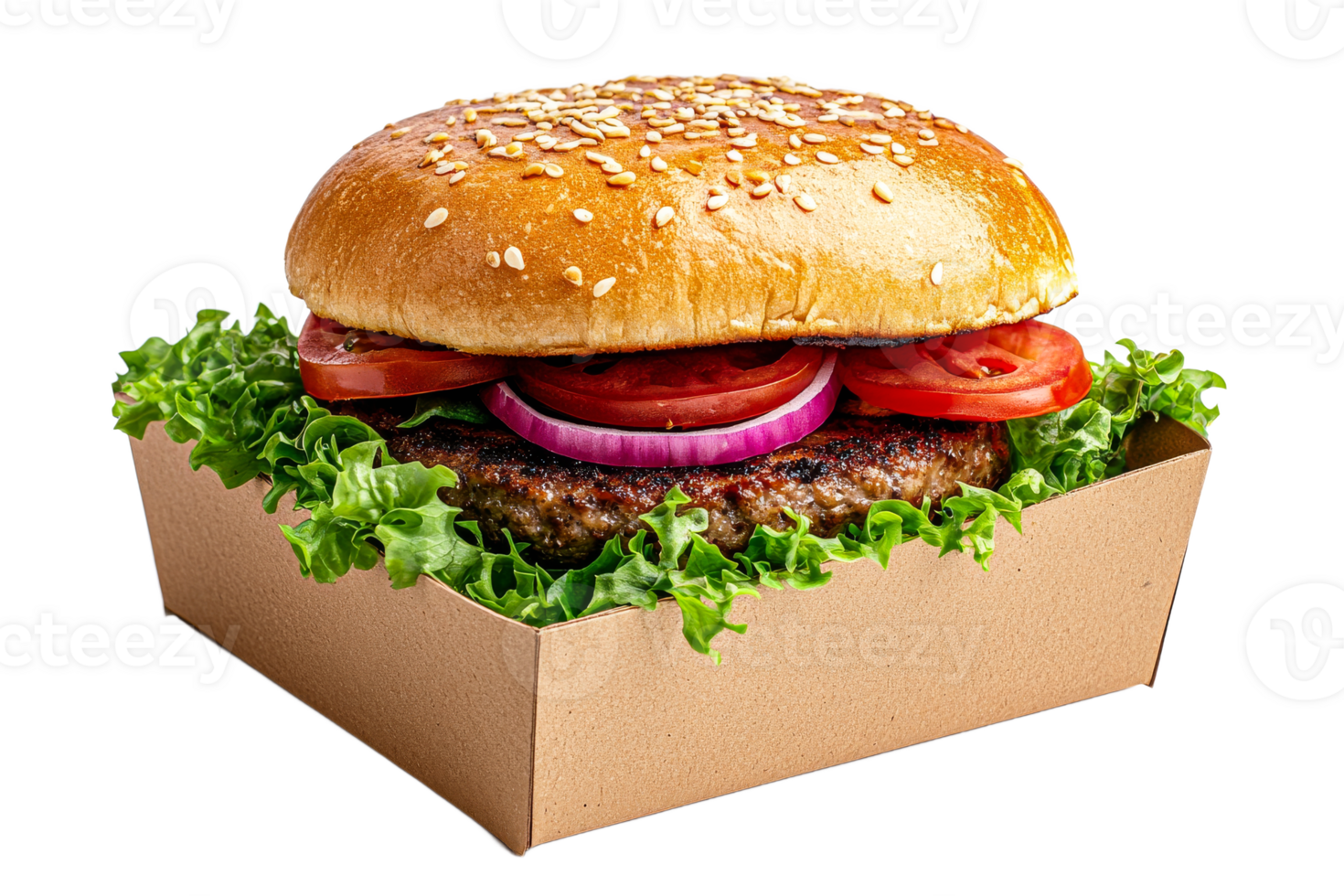 Delicious burger with fresh vegetables on a box png