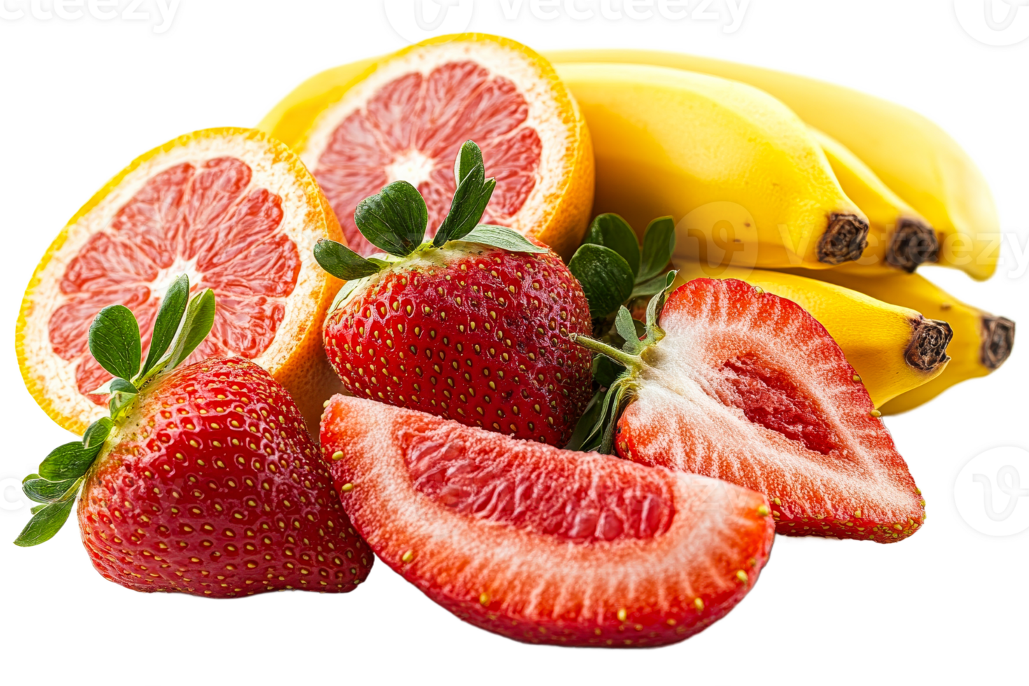 Fresh assortment of strawberries, bananas, and citrus fruits png