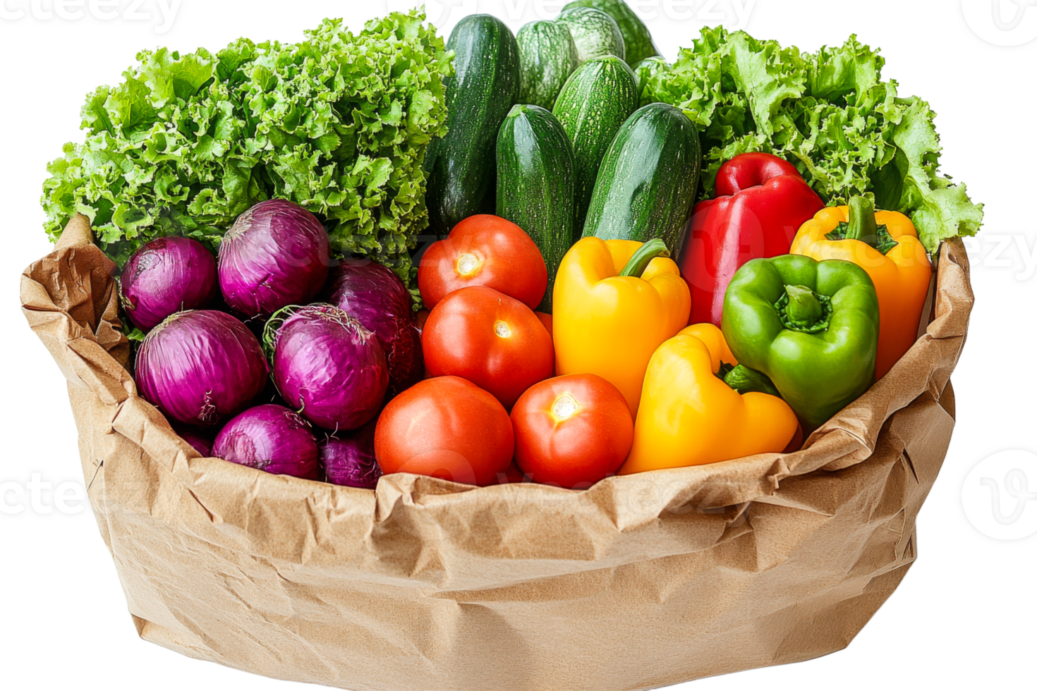 Fresh vegetables in a brown paper basket png