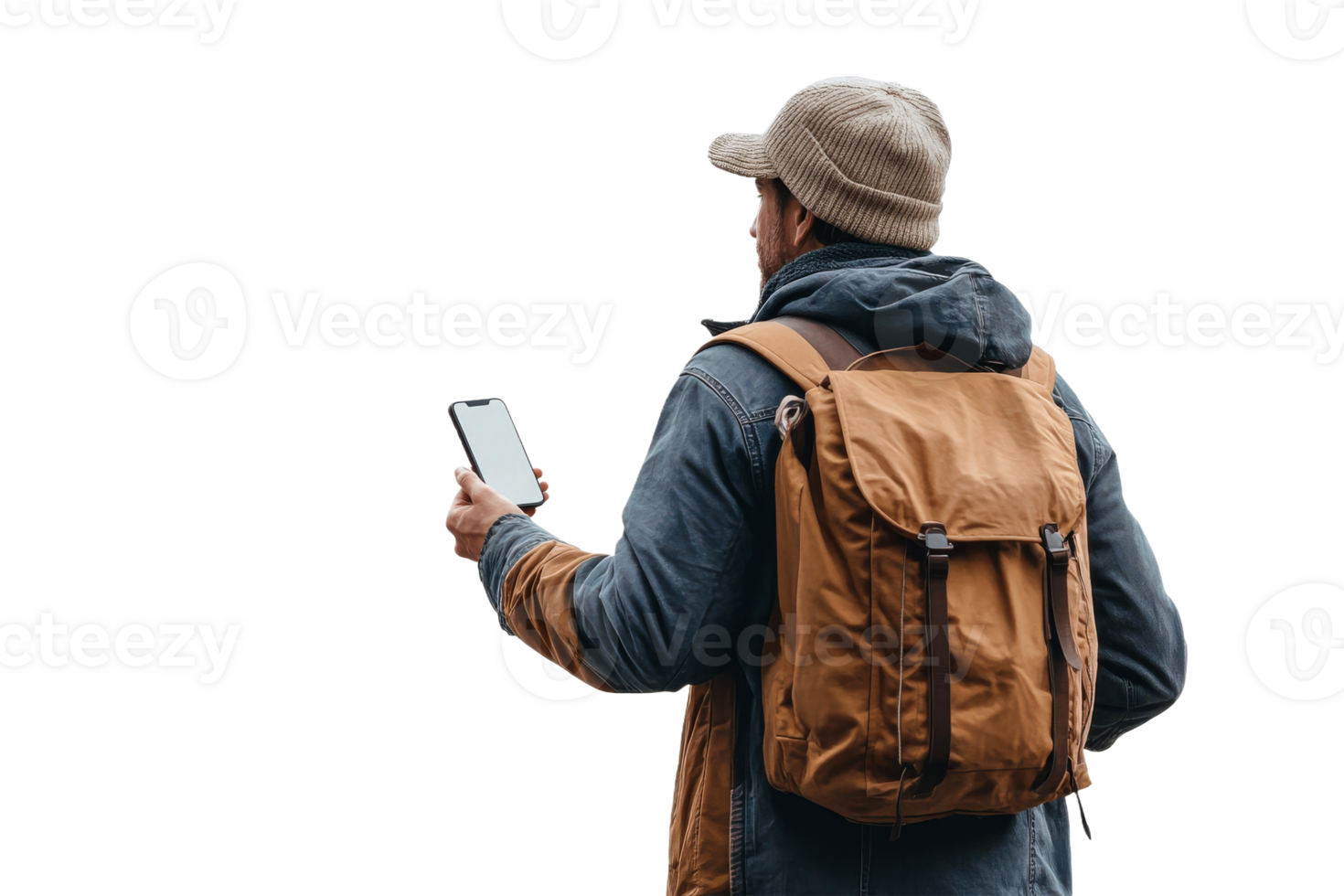 Person holding phone while standing with backpack outdoors png