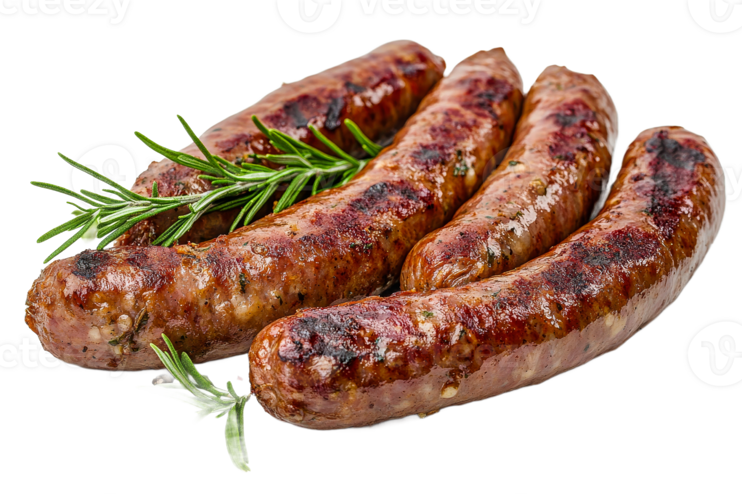 Herb topped grilled sausages on white background png