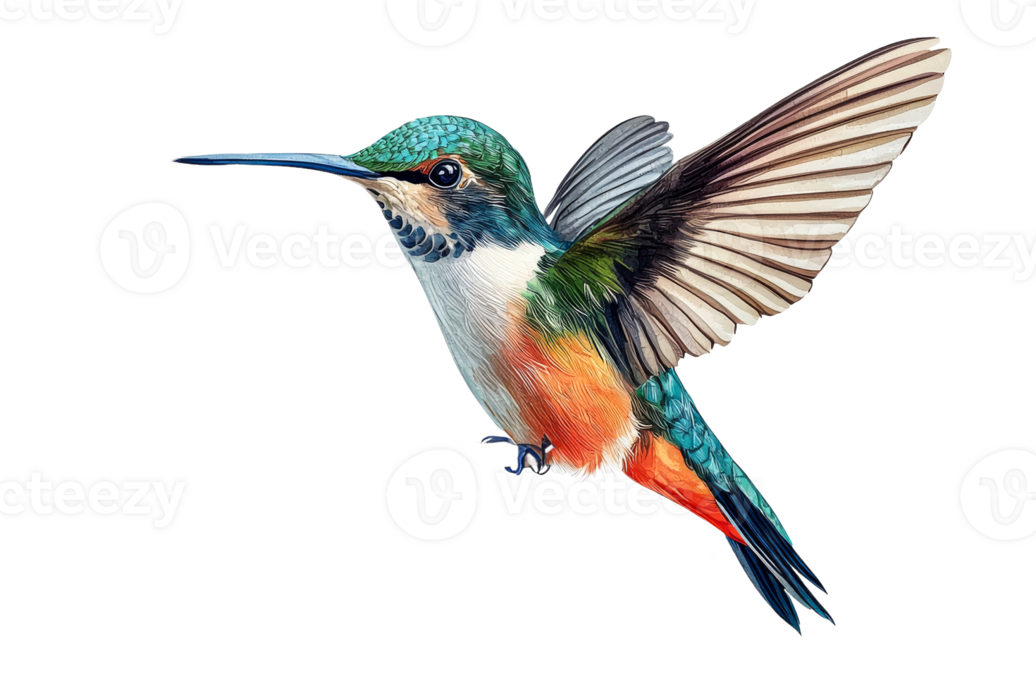 Colorful hummingbird in flight with transparent background png