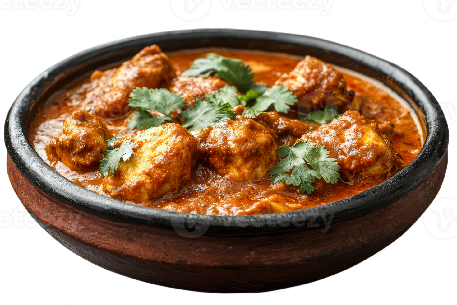 Spicy chicken curry with fresh herbs in clay bowl png