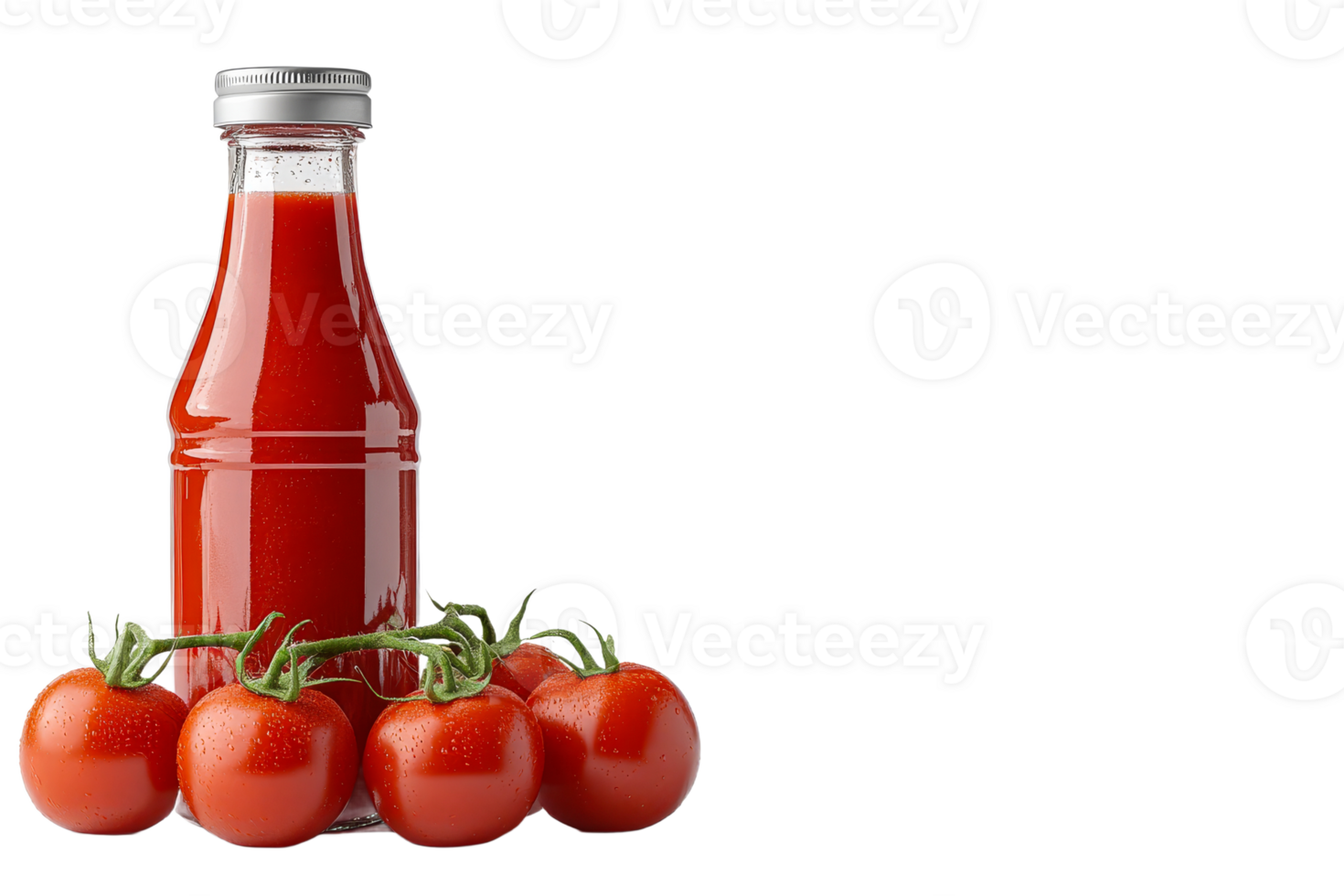 Fresh tomatoes and bottle of red condiment on display png