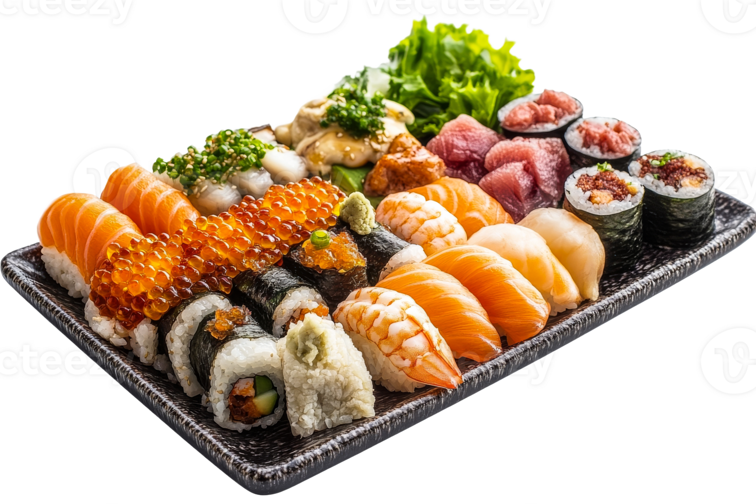 Assorted sushi platter with fresh seafood and vegetables png