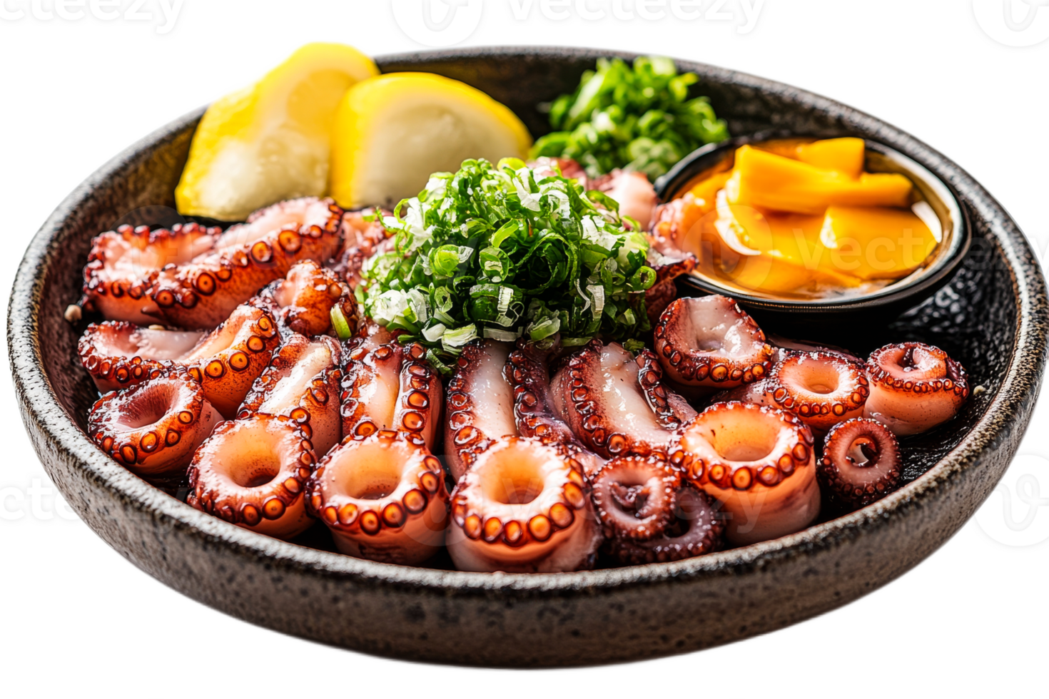 Delicious octopus dish served with lemon and sauce png