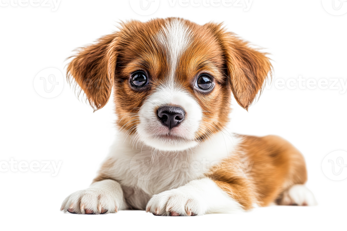 Cute puppy lying on a white surface with curious eyes png