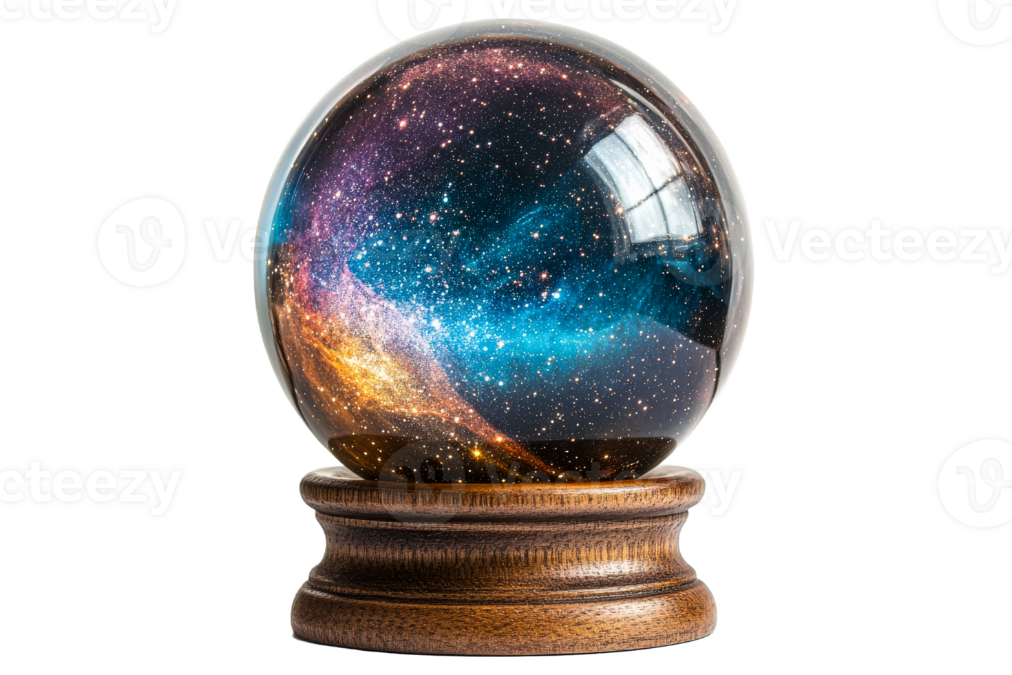 Beautiful galaxy crystal ball with wooden base display png