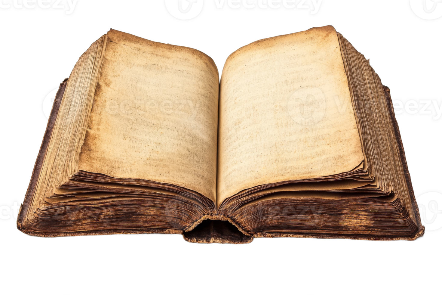 Open antique book with worn pages and transparent background png