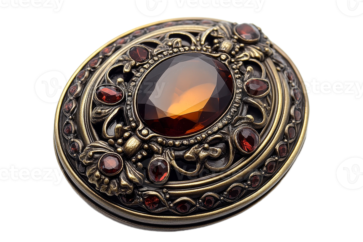 Antique brooch with intricate designs and gemstones png