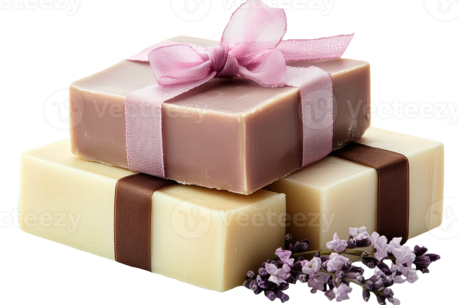 Handmade soaps with lavender accents and ribbons png